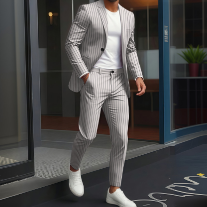 Men's Striped Contrast Trim Blazer & Trousers Set