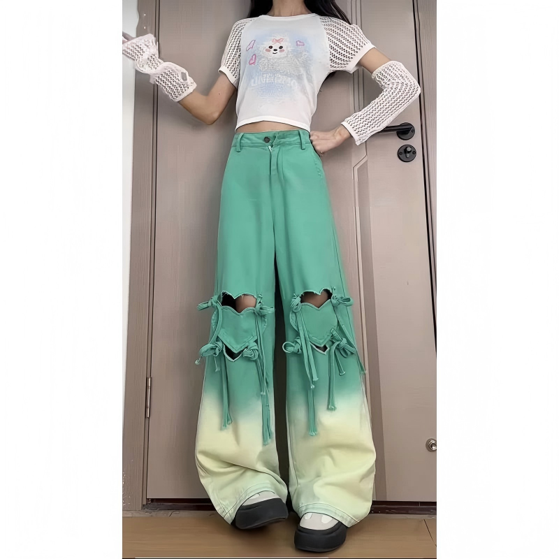 Gradient Heart Tie-Up Ripped Wide-Leg Jeans