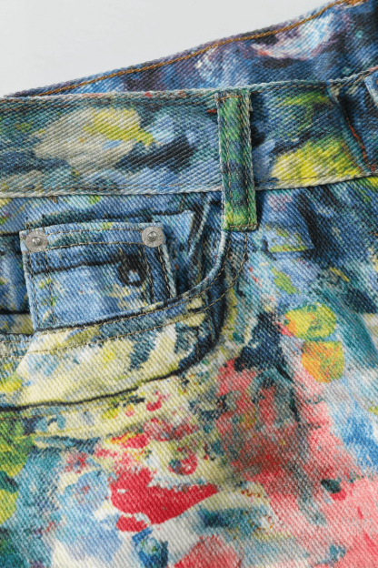 Unisex Colorblock Denim - Oil Painting Effect Relaxed Fit Pants