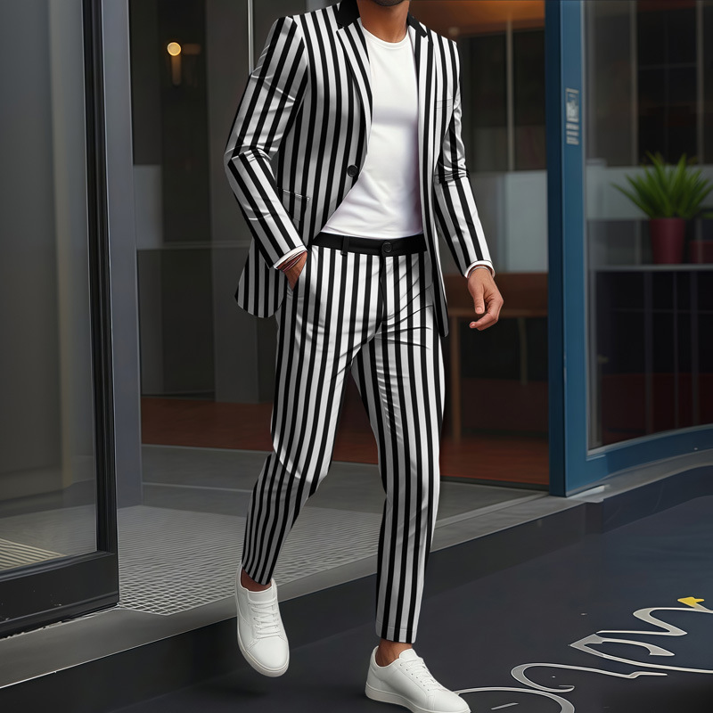 Men's Striped Contrast Trim Blazer & Trousers Set