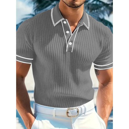 Men's Vintage Striped Knit Breathable Lapel Polo Shirt