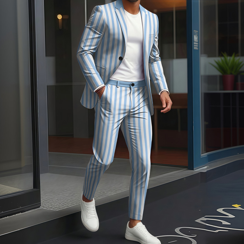 Men's Striped Contrast Trim Blazer & Trousers Set