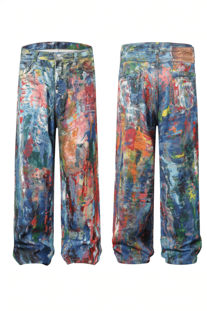 Unisex Colorblock Denim - Oil Painting Effect Relaxed Fit Pants
