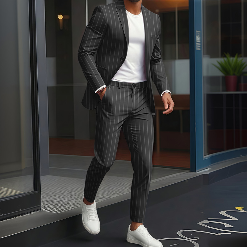 Men's Striped Contrast Trim Blazer & Trousers Set