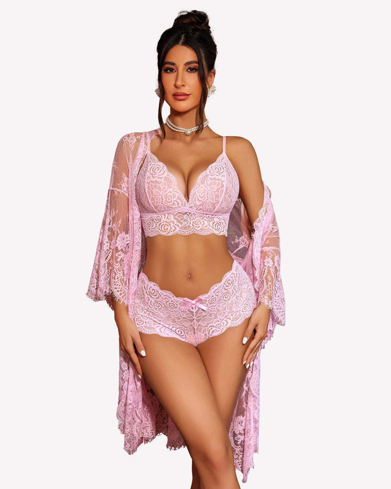 3 Piece Bra and Panty Sets with Robe