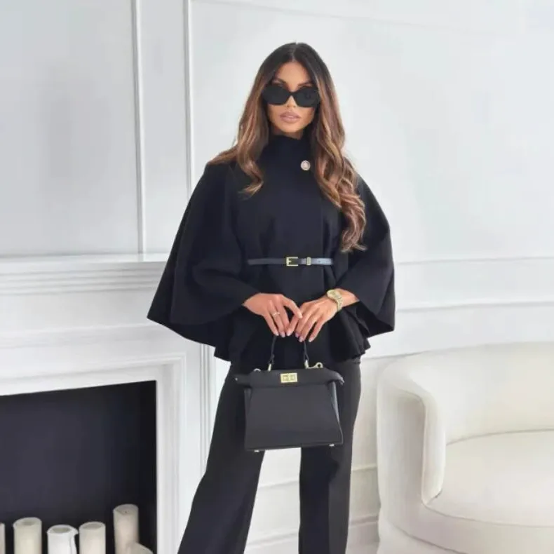 Women's Winter Fashion Casual Solid Color Waist Strap Cloak Jacket