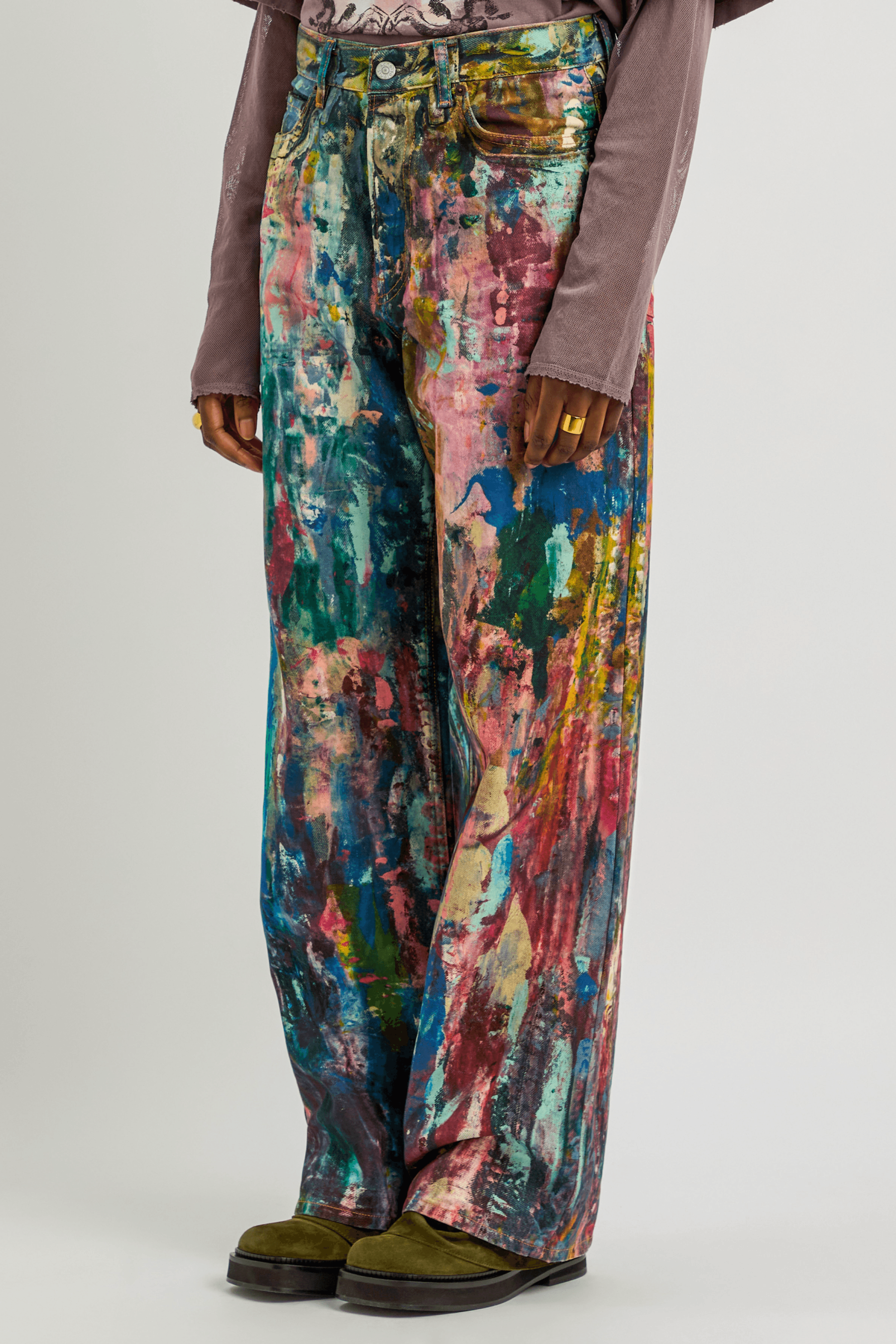 Unisex Colorblock Denim - Oil Painting Effect Relaxed Fit Pants