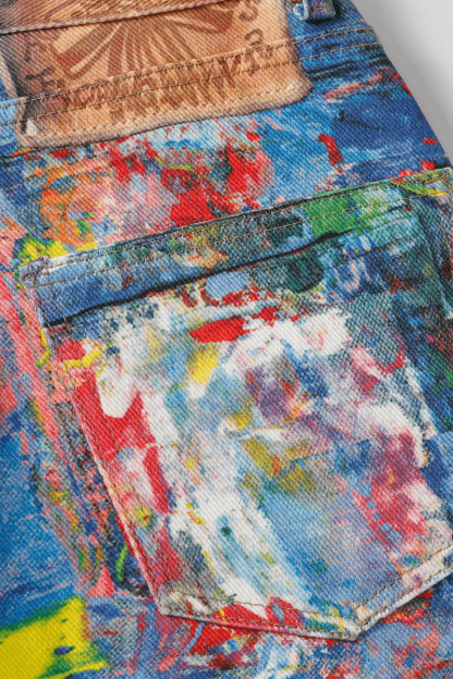 Unisex Colorblock Denim - Oil Painting Effect Relaxed Fit Pants