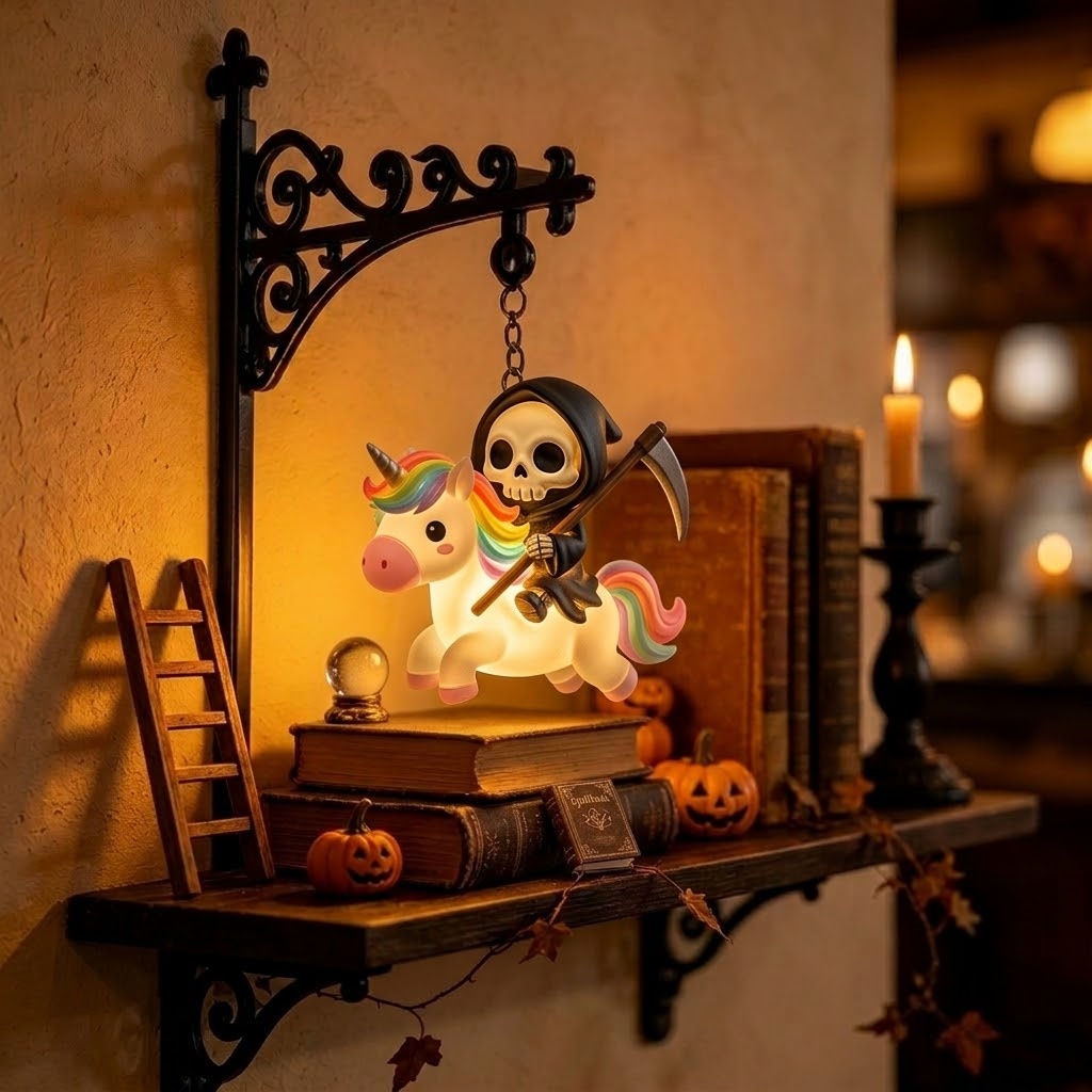 Cute Grim Reaper & Unicorn Bookshelf Lamp
