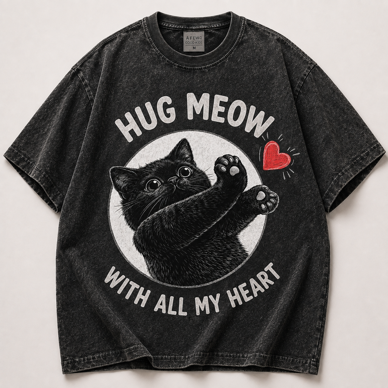 "Hug Meow" Vintage Wash Black Cat Graphic Tee