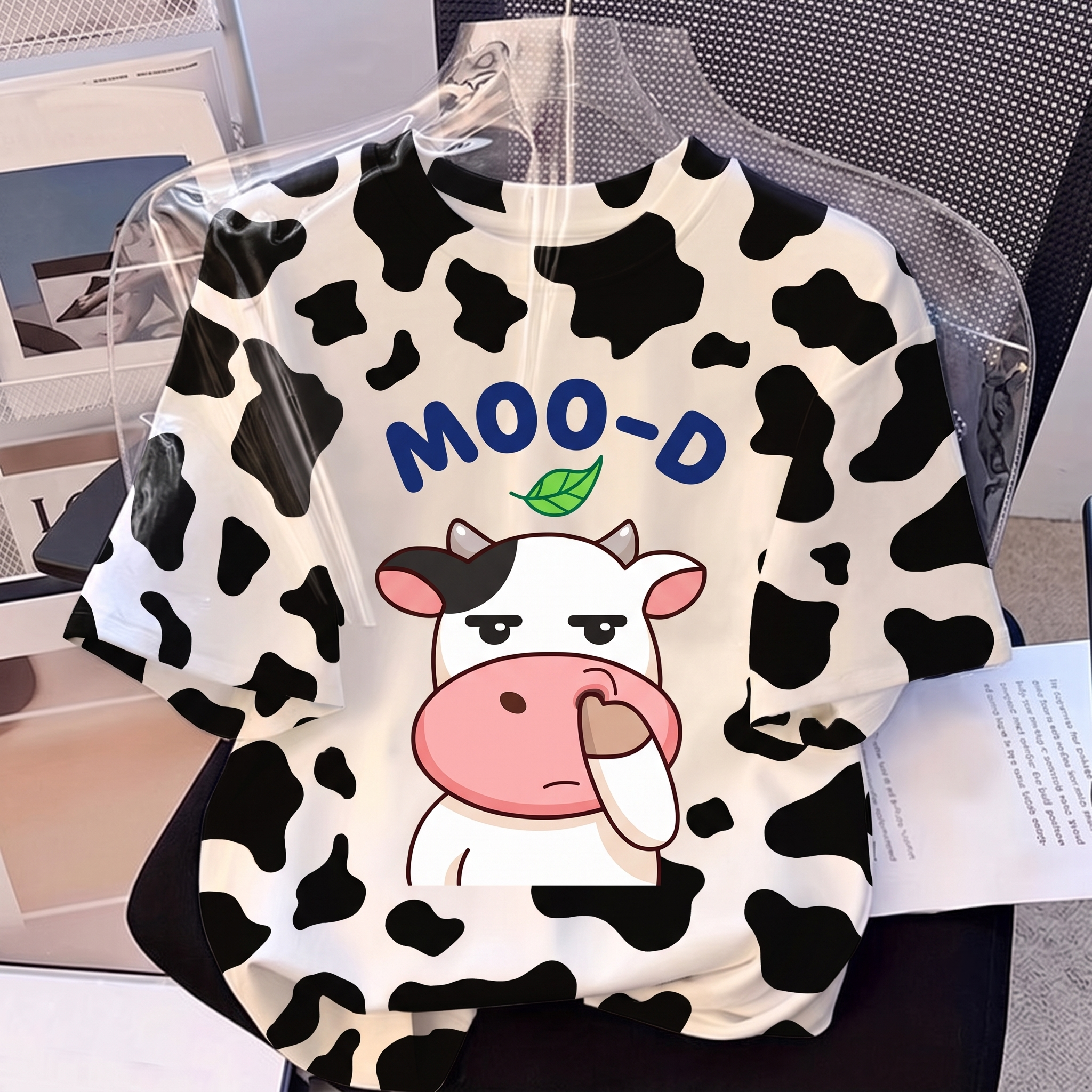 "MOO-D" Funny Cartoon Cow Print Graphic Tee