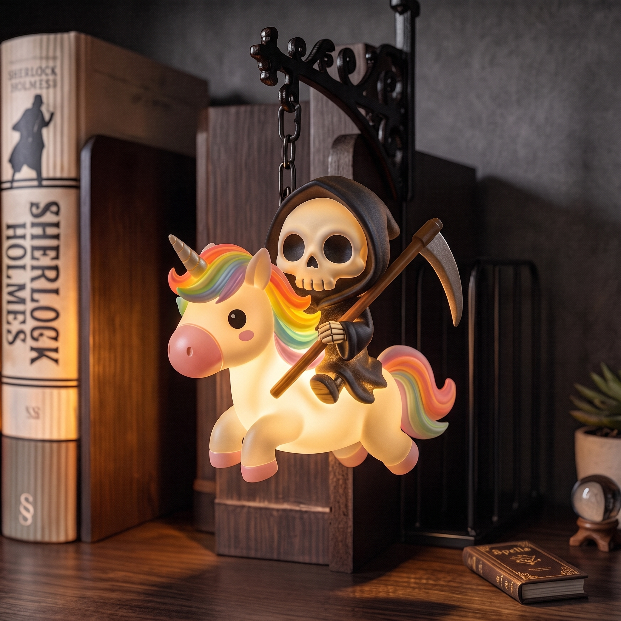 Cute Grim Reaper & Unicorn Bookshelf Lamp