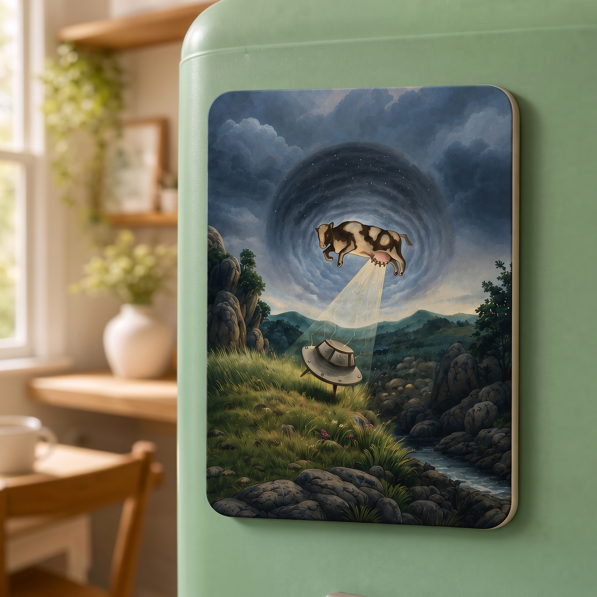 Cow Abducts UFO Funny Fridge Magnet