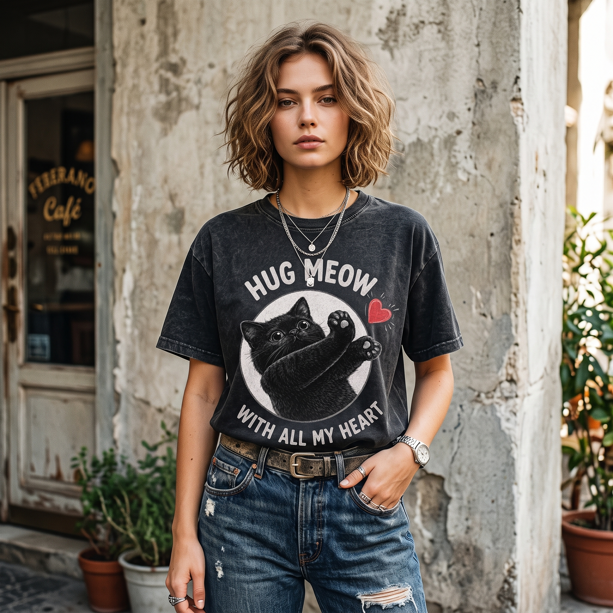 "Hug Meow" Vintage Wash Black Cat Graphic Tee