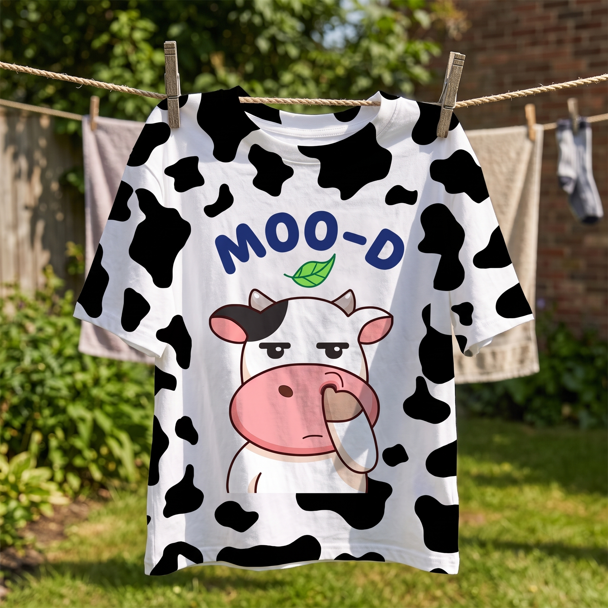 "MOO-D" Funny Cartoon Cow Print Graphic Tee