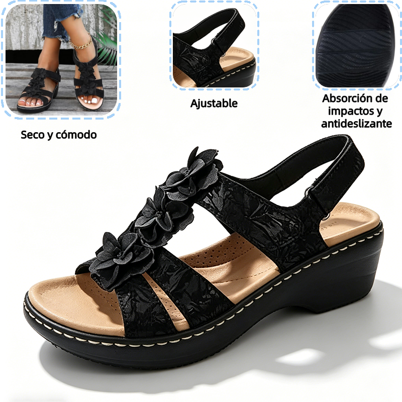 🔥 Sandalias ortopédicas de plataforma con estampado floral para mujer (verano) — Soporte para el arco — Diseño ergonómico — Ligeras y sin dolor en cada paso ✅