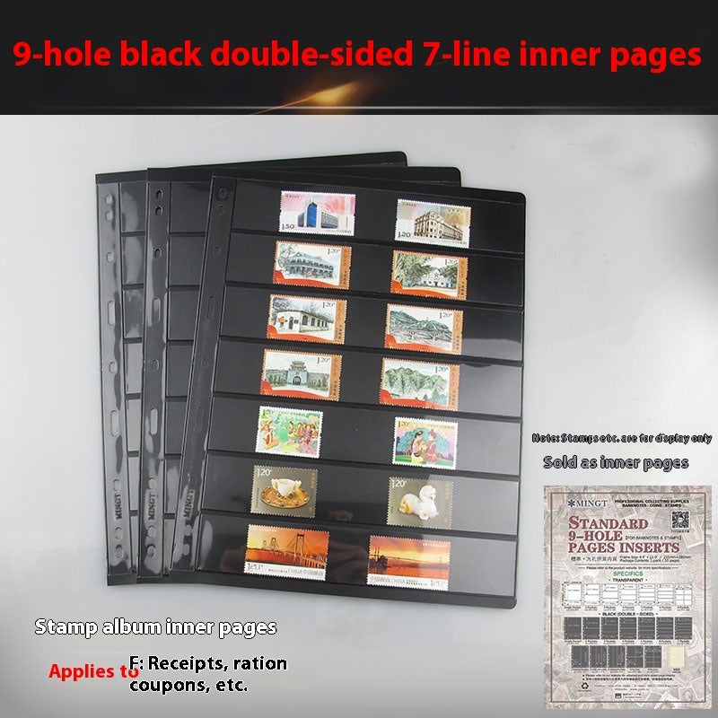 Classic 9-Hole Black Stamp Album Pages – Double-Sided Collectors’ Sheets with 7 Transparent Strips