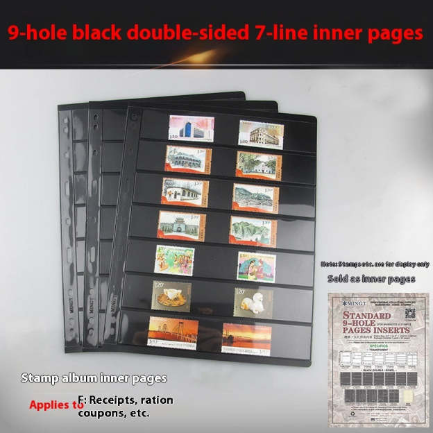 Classic 9-Hole Black Stamp Album Pages – Double-Sided Collectors’ Sheets with 7 Transparent Strips