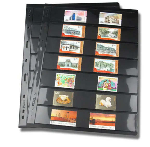 Classic 9-Hole Black Stamp Album Pages – Double-Sided Collectors’ Sheets with 7 Transparent Strips