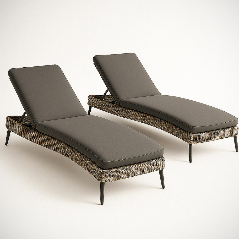 Lot de 2 bains de soleil réglables en résine tressée avec coussins en polyester Gris/Marron 200 cm x 60 cm x 35 cm