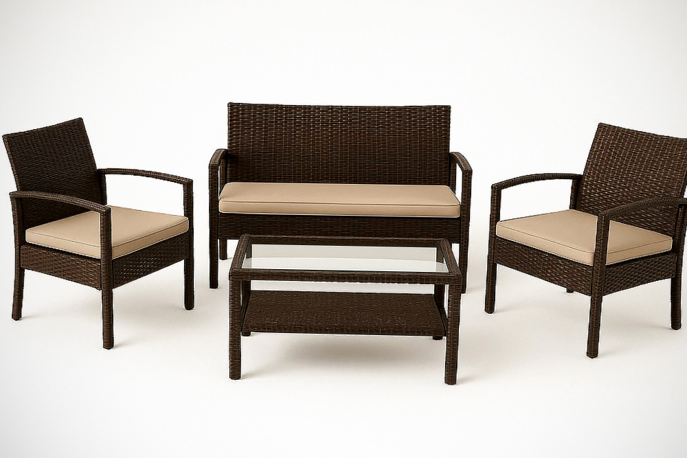 Salon de Jardin en Résine Tressée 4 Pièces avec Coussins en Polyester Beige Table Basse en Verre Trempé