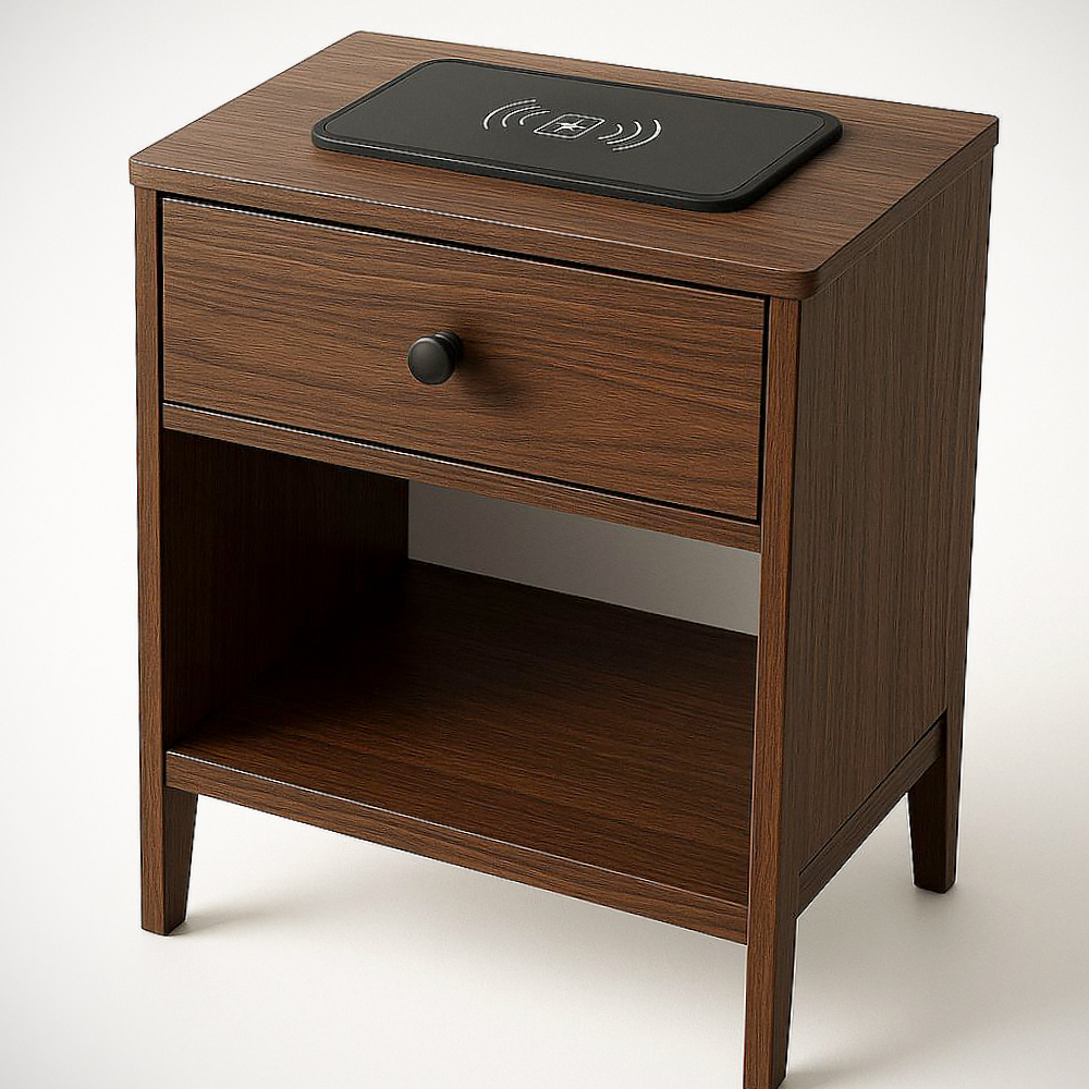 Table de chevet en contreplaqué marron avec tiroir et recharge sans fil