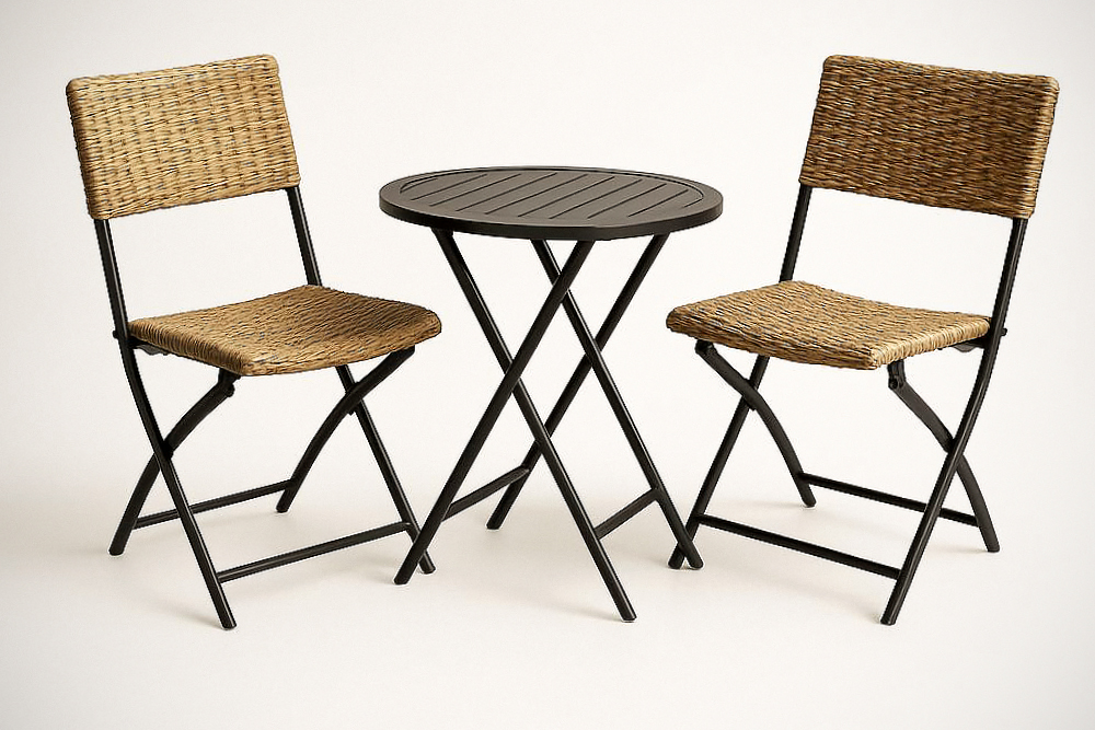 Ensemble mobilier pliant extérieur 3 pièces - Table ronde métal noir Ø60 cm et 2 chaises résine tressée
