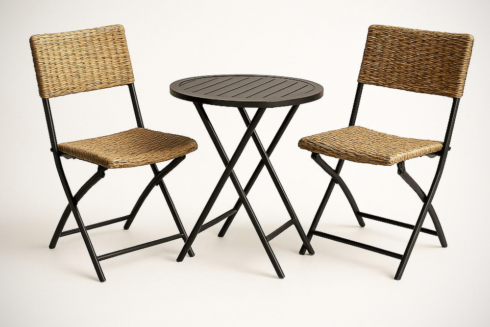 Ensemble mobilier pliant extérieur 3 pièces - Table ronde métal noir Ø60 cm et 2 chaises résine tressée
