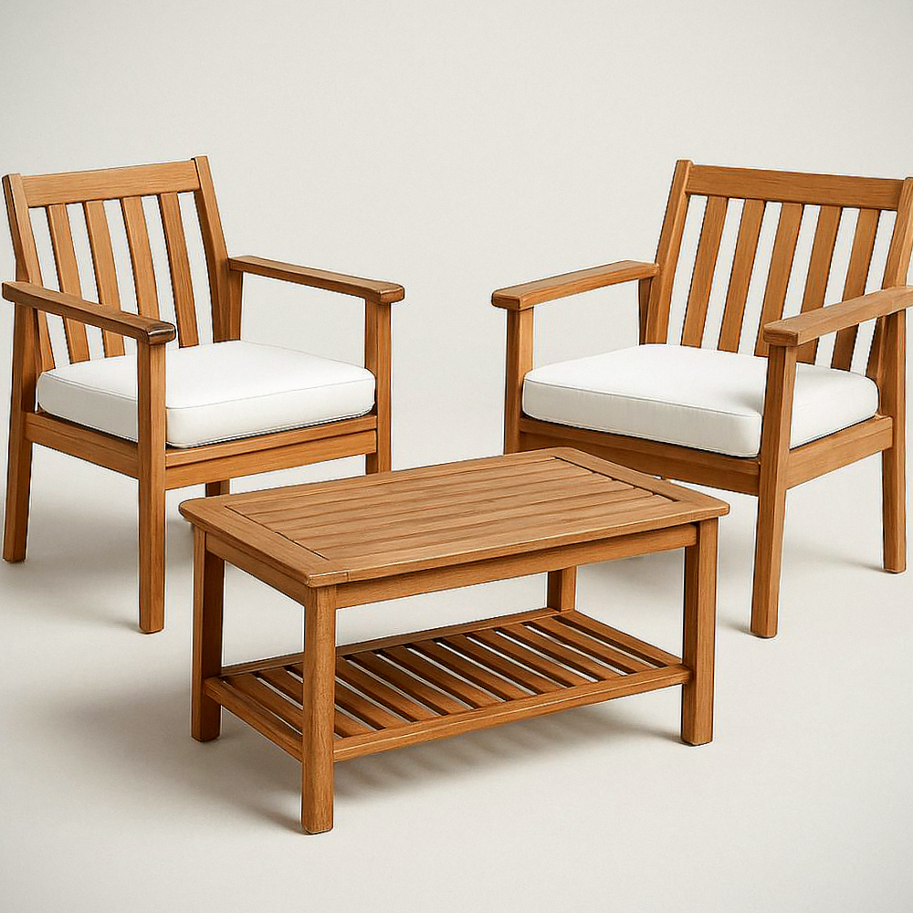 Ensemble de meubles de jardin en bois d'acacia avec coussins en polyester blanc 3 pièces