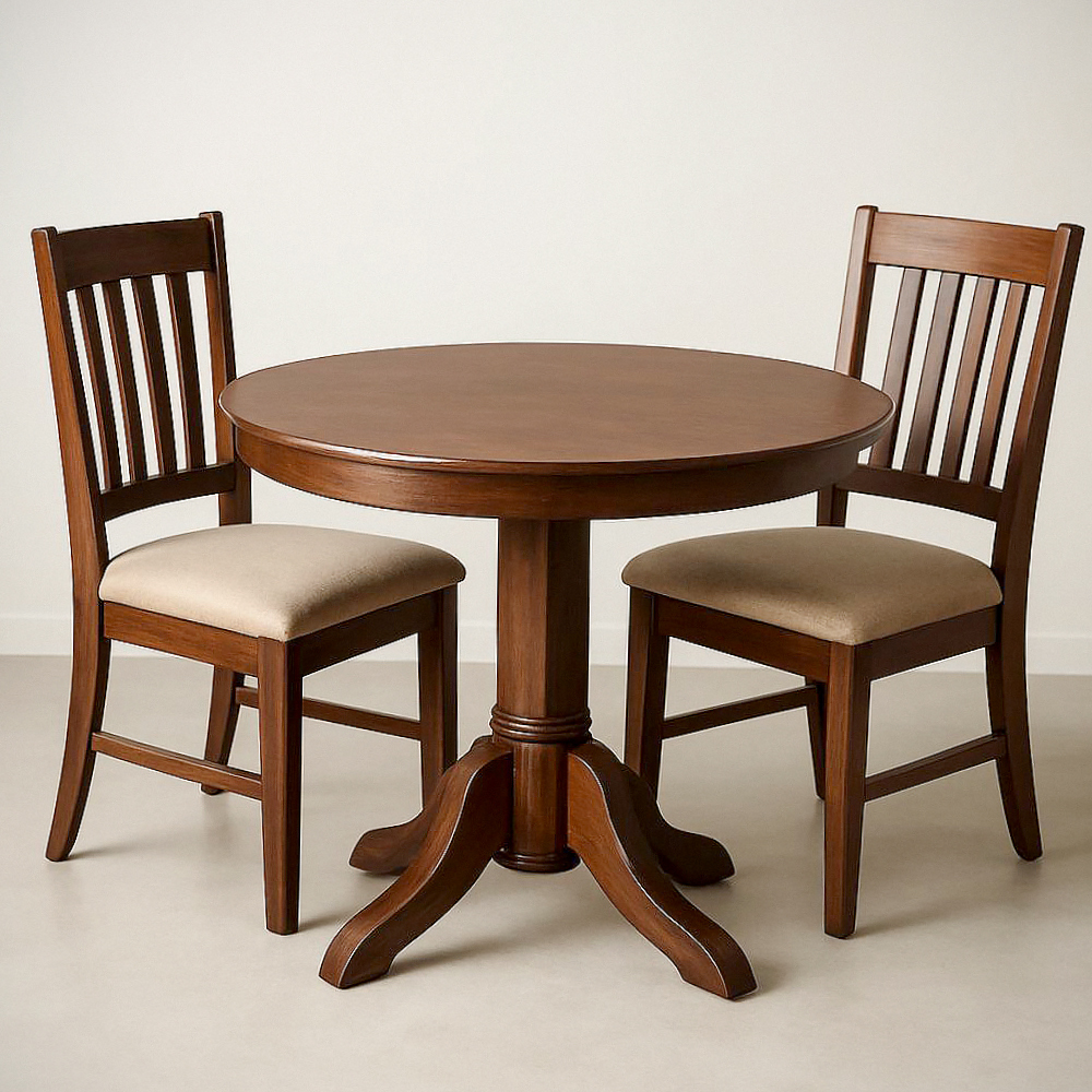 Ensemble de table ronde et 2 chaises en bois massif marron
