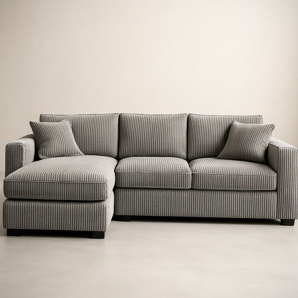 Canapé d'angle en tissu à rayures gris 3 places 250cm x 160 cm x 85 cm