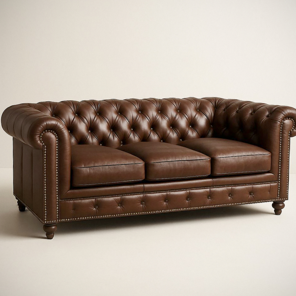 Canapé Chesterfield en Cuir Brun 3 Places 220cm x 90cm x 75cm