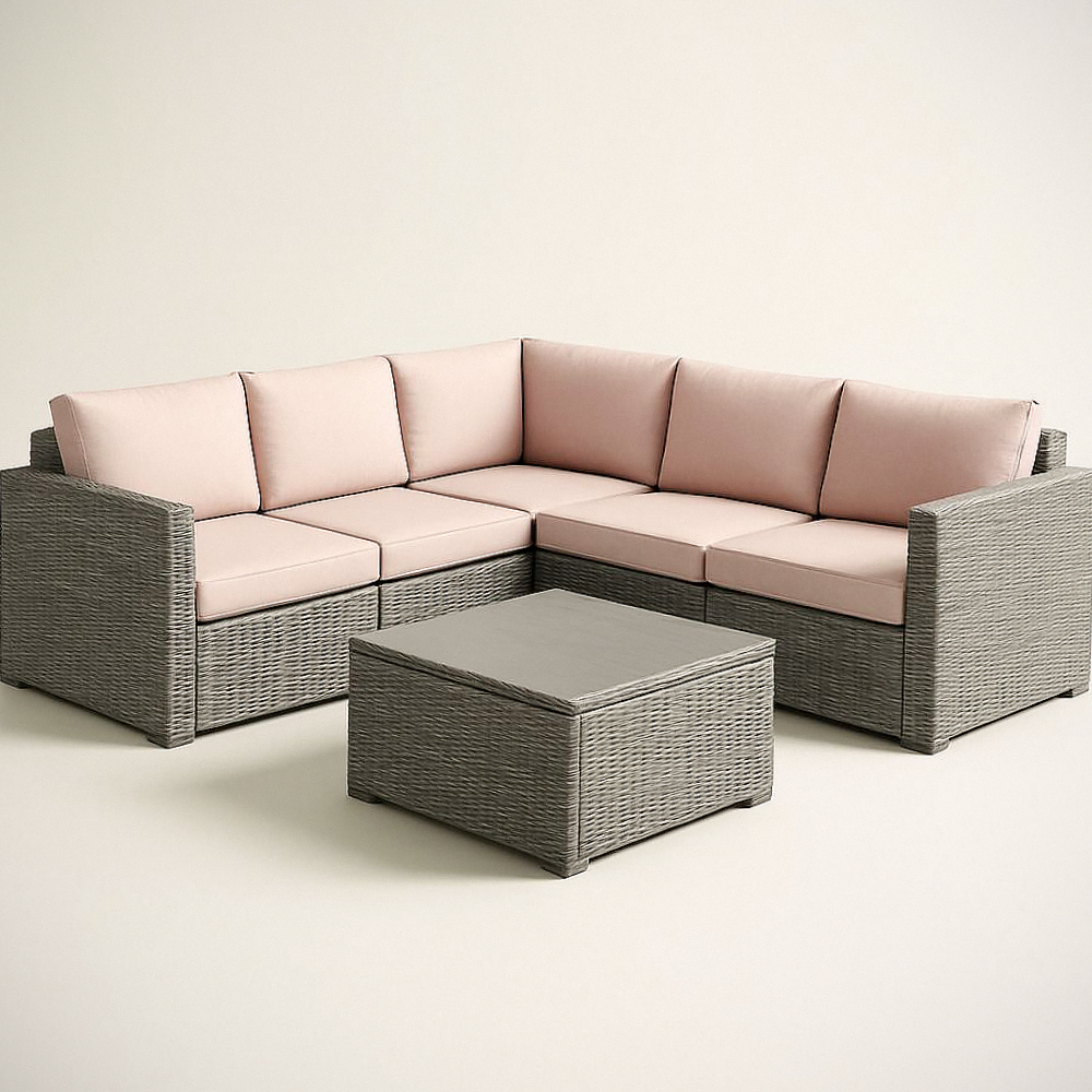 Ensemble de meubles de jardin modulaire en résine tressée gris avec coussins en polyester rose - Salon d'angle 5 sièges avec table basse, dimensions canapé: 210cm x 210cm x 70cm, table: 70cm x 70cm x 35cm