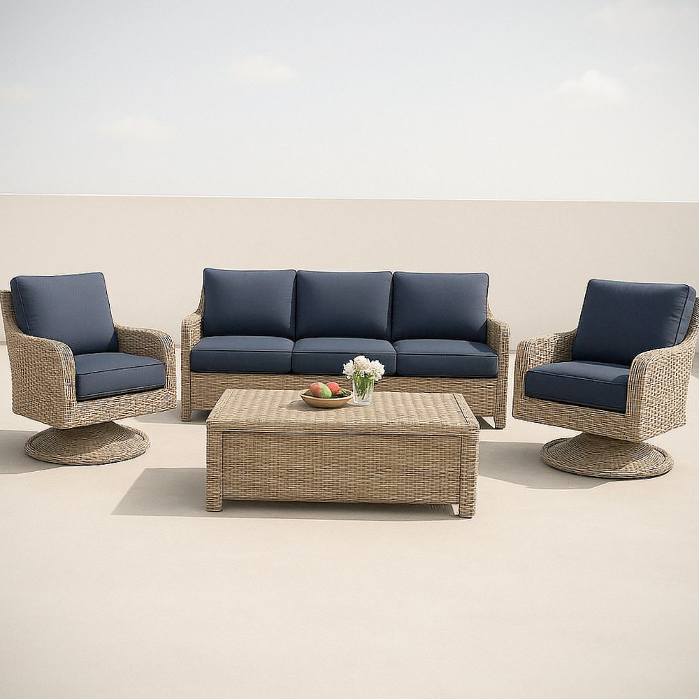 Ensemble de Salon de Jardin en Résine Tressée 4 Pièces avec Coussinets en Polyester Bleu