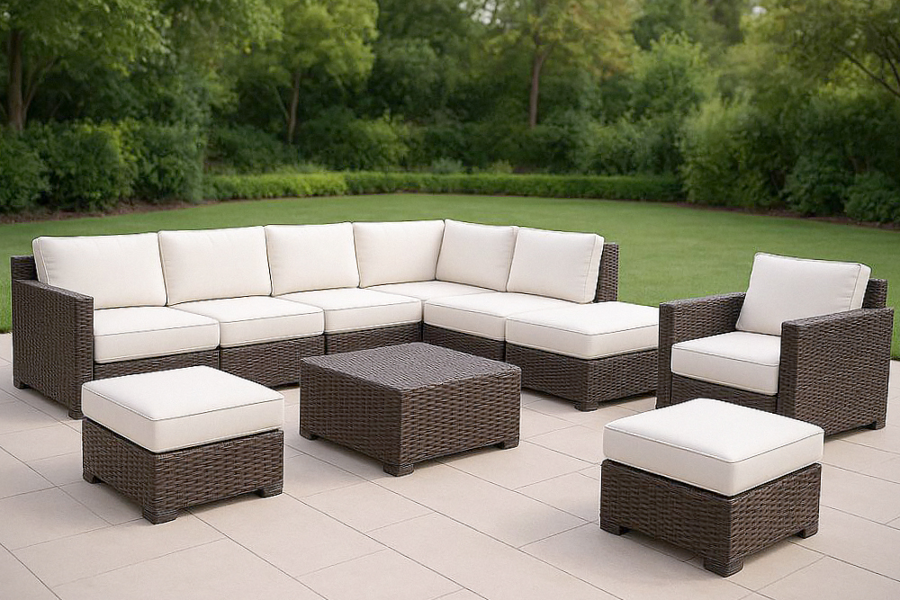 Ensemble de Mobilier de Jardin 10 Pièces en Résine Tressée Marron/Beige Coussins Polyester