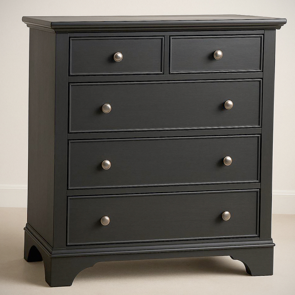 Commode en Bois Noir 5 Tiroirs avec Finition Mate Hauteur 110 cm, Largeur 90 cm, Profondeur 45 cm