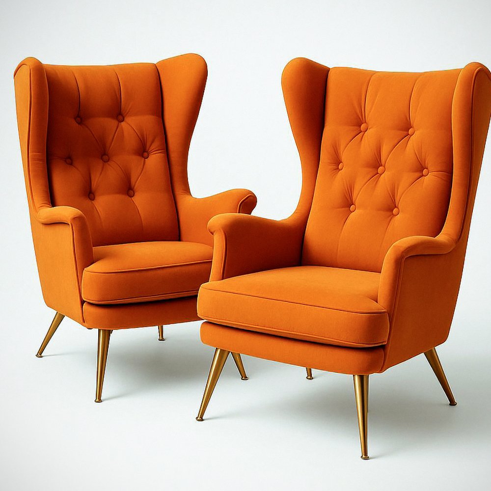 Ensemble de 2 fauteuils à oreilles en velours orange, pieds en métal doré, L76xP80xH105 cm
