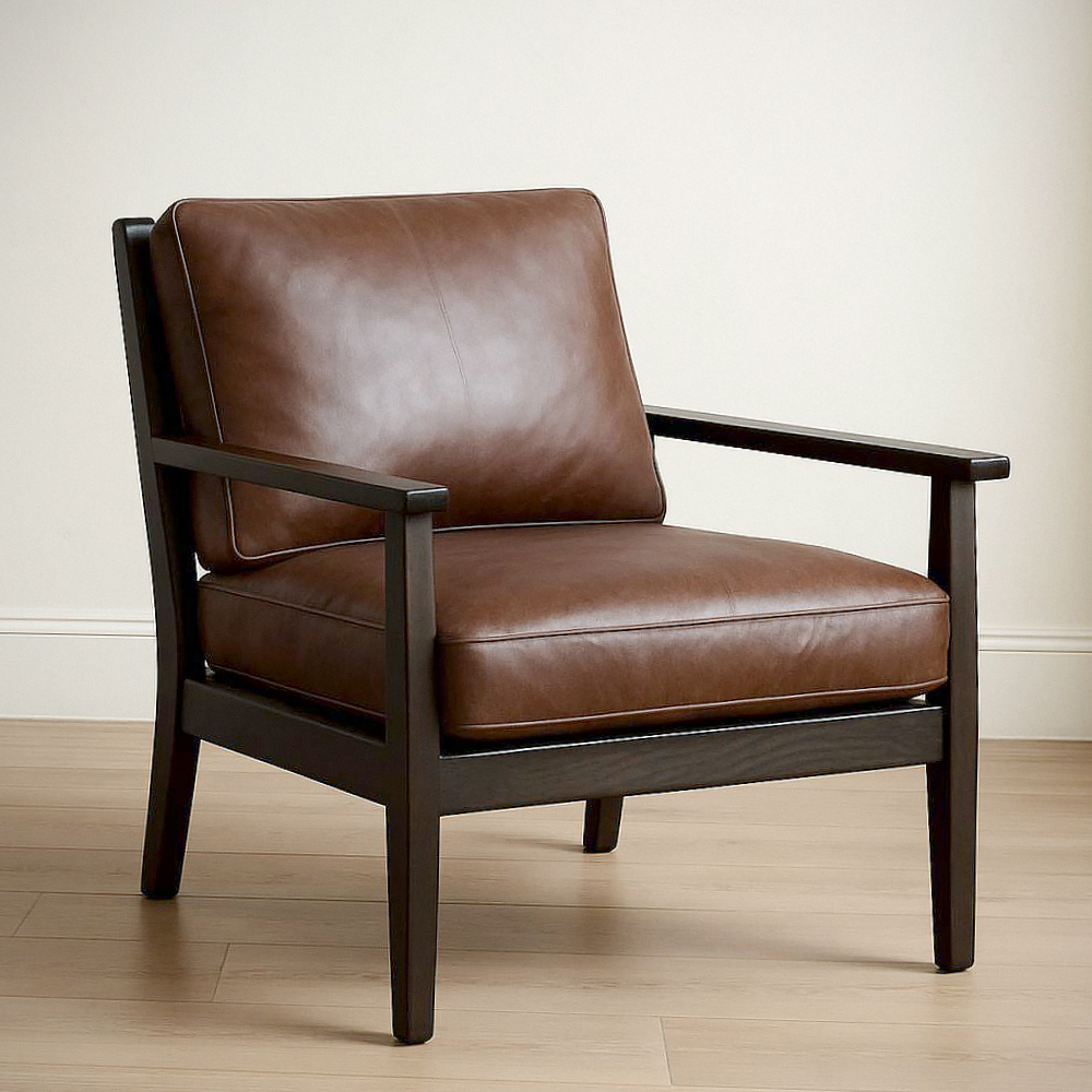 Fauteuil en Cuir PU Brun Structure Bois 76 cm x 85 cm x 89 cm