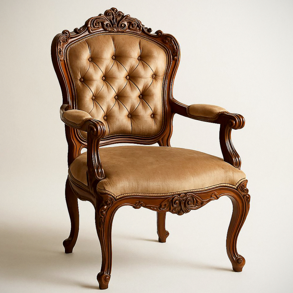 Fauteuil en Bois et Velours Boutonné Marron, Style Baroque, Dimensions 100x60x70 cm