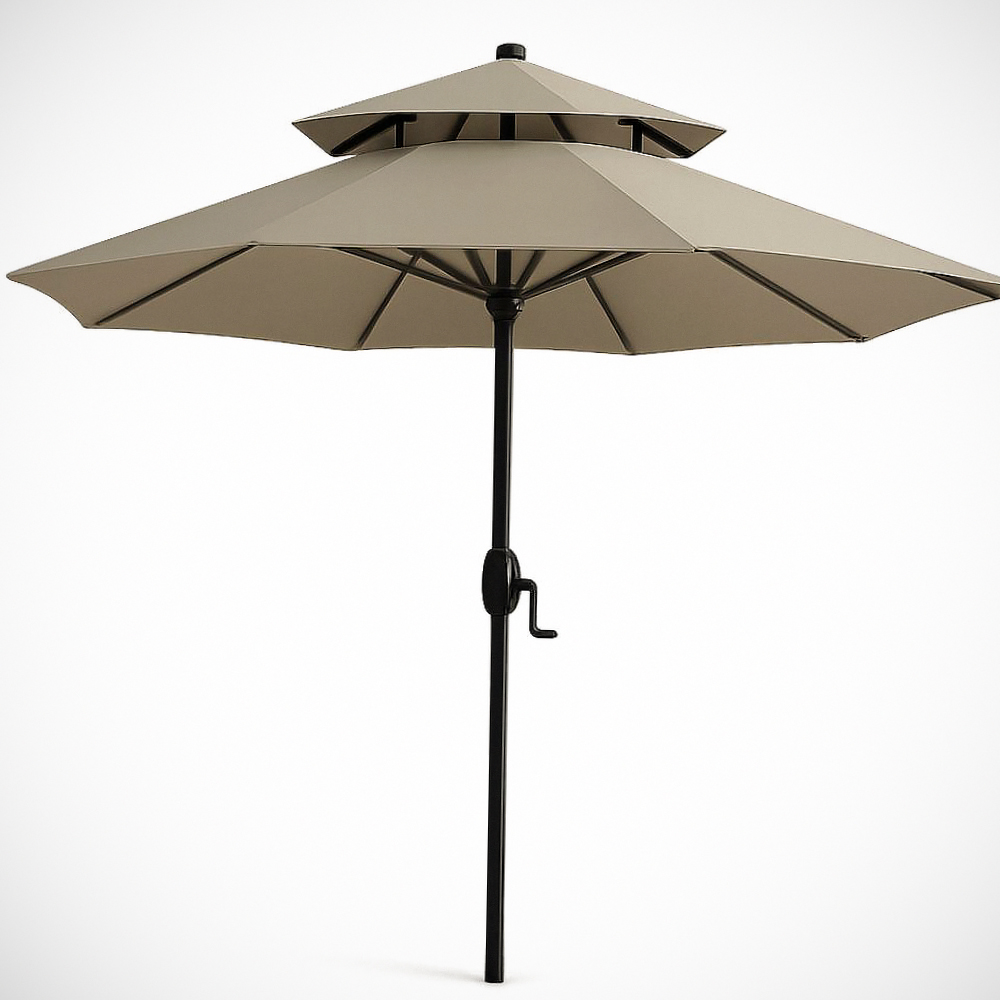 Parasol de Jardin en Polyester Beige Rond Double Toit avec Manivelle 2.7m