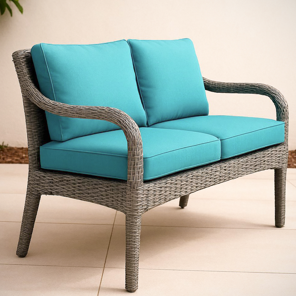 Banc 2 Places en Résine Tressée Gris avec Coussins en Tissu Bleu, 123cm x 65cm x 80cm
