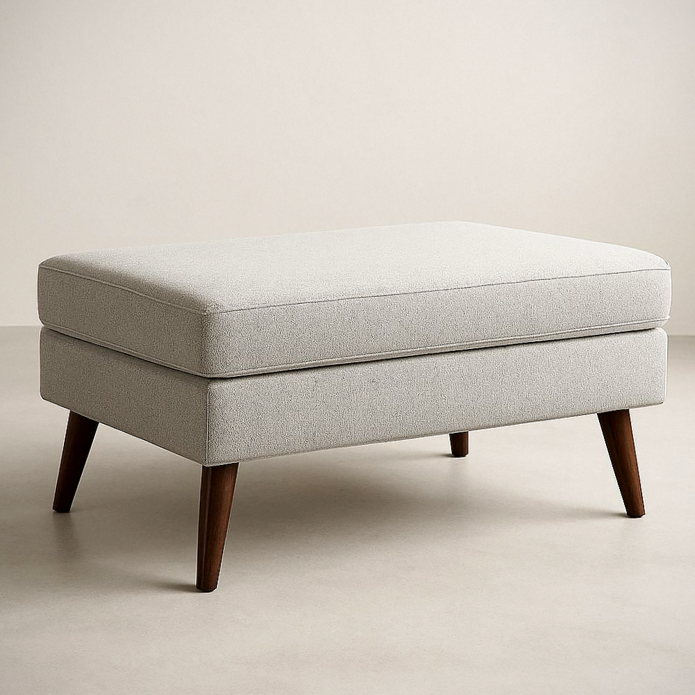 Repose-pied rectangulaire en tissu lin beige avec pieds en bois massif 100x50x45cm