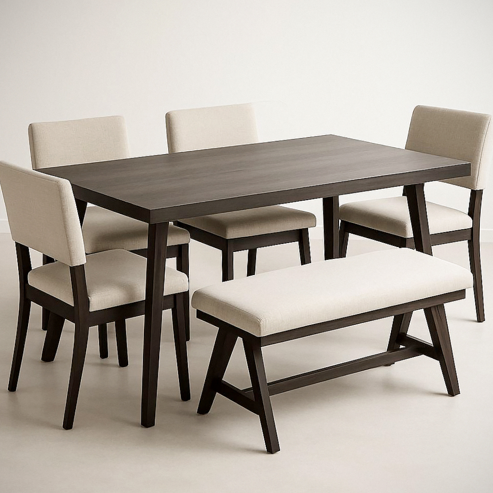 Ensemble de Salle à Manger 6 Pièces Table Rectangulaire en Bois avec 4 Chaises et Banc Tissu Beige