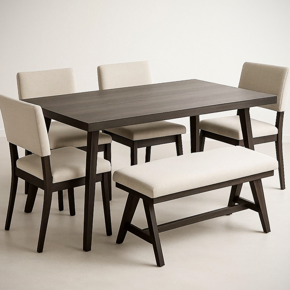 Ensemble de Salle à Manger 6 Pièces Table Rectangulaire en Bois avec 4 Chaises et Banc Tissu Beige