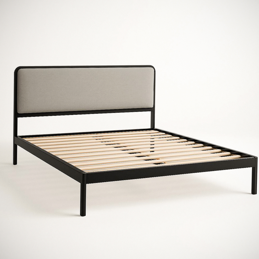 Cadre de lit double métal noir avec tête de lit en tissu gris Longueur 200 cm, Largeur 150 cm, Hauteur 100 cm