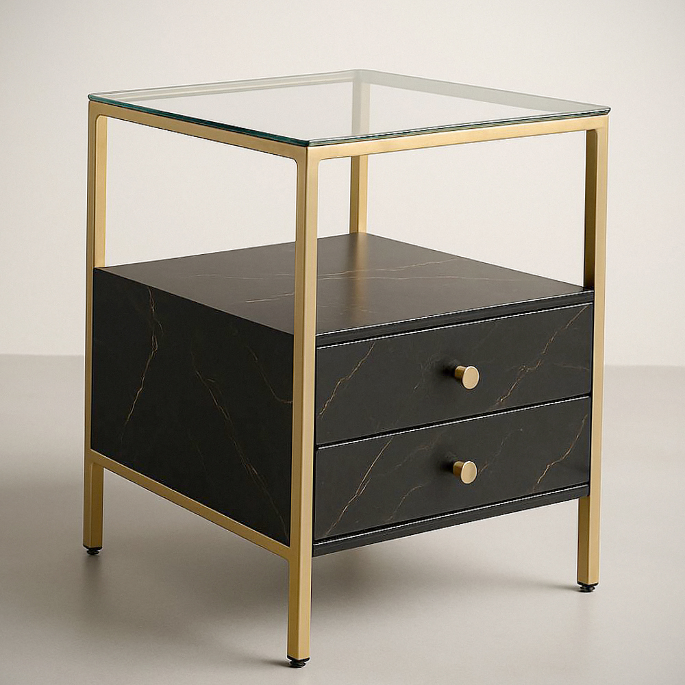 Table de Chevet Carrée avec Plateau en Verre Trempé et 2 Tiroirs en MDF Effet Marbre Noir et Cadre Métallique Doré 40cm x 40 cm x 50 cm