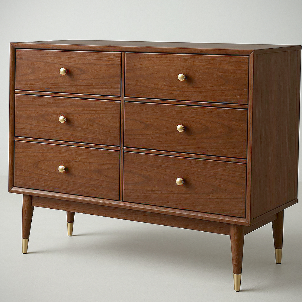 Commode en Bois 6 Tiroirs avec Poignées Métalliques Marron