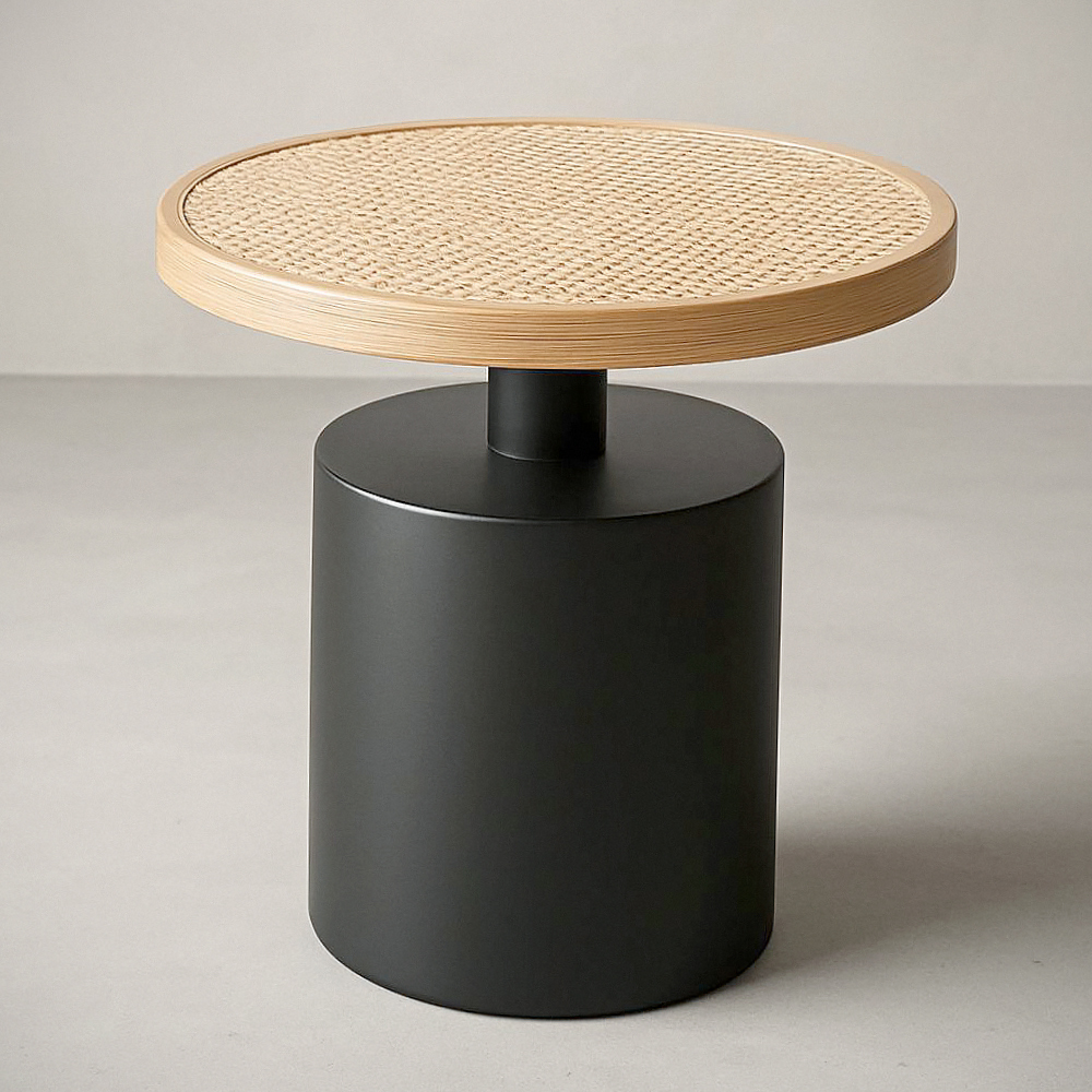Table d'appoint ronde en métal et bois avec plateau en rotin, hauteur 45cm, diamètre 50cm, Noir/Bois