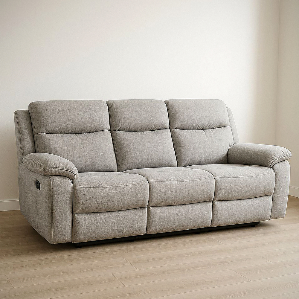 Canapé inclinable 3 places tissu polyester gris clair avec structure en bois de pin et mousse polyuréthane