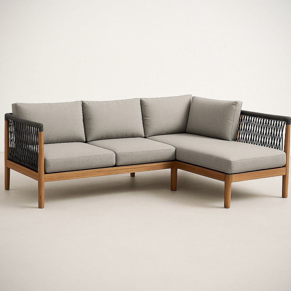 Canapé d'angle en tissu polyester résistant avec cadre en bois massif et cordage noir 220x150x80 cm